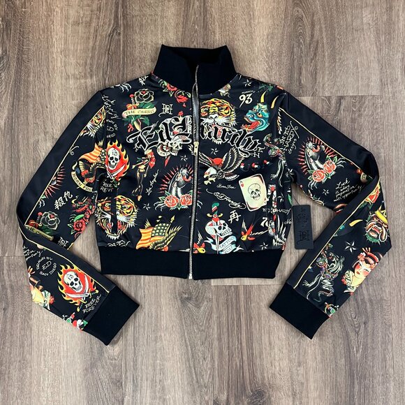 NEW Ed Hardy Crop Flashboard Black Tattoo Track Jacket Sz M - Picture 2 of 15